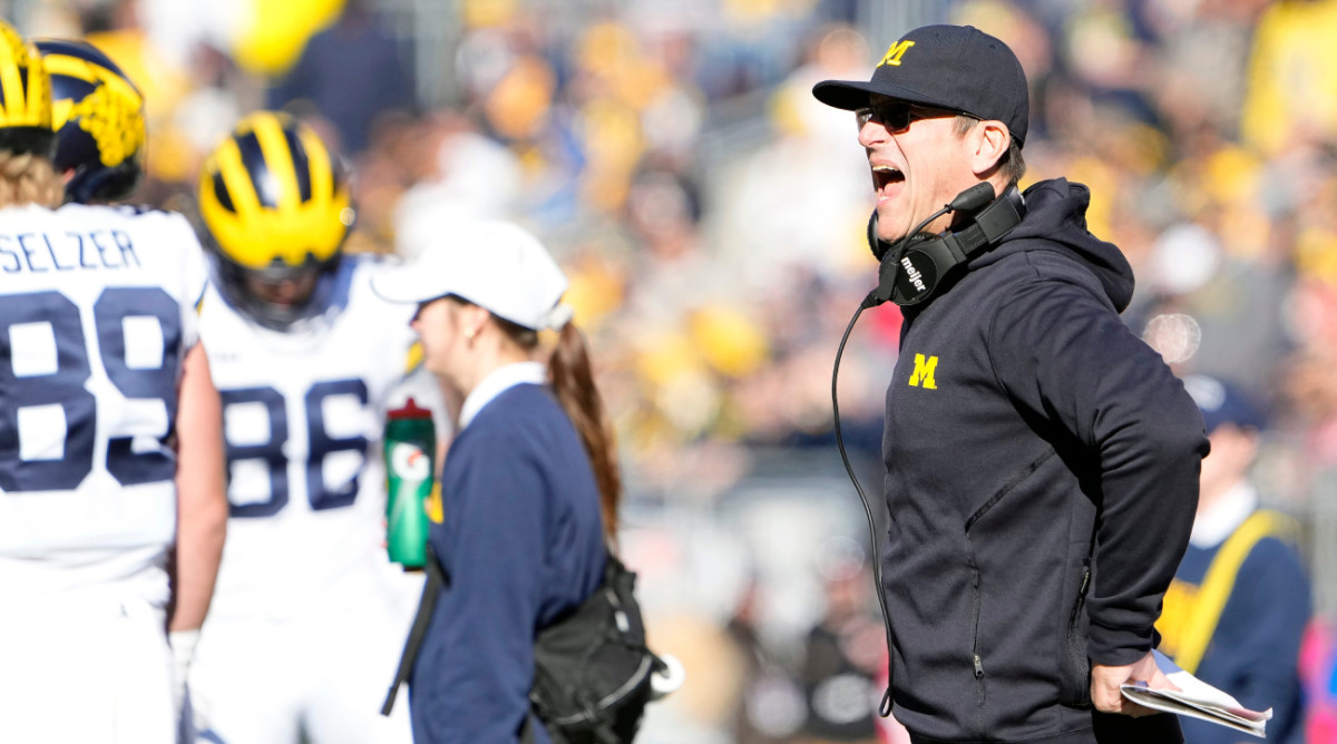 Jim Harbaugh shouts during Michigan at Ohio State.